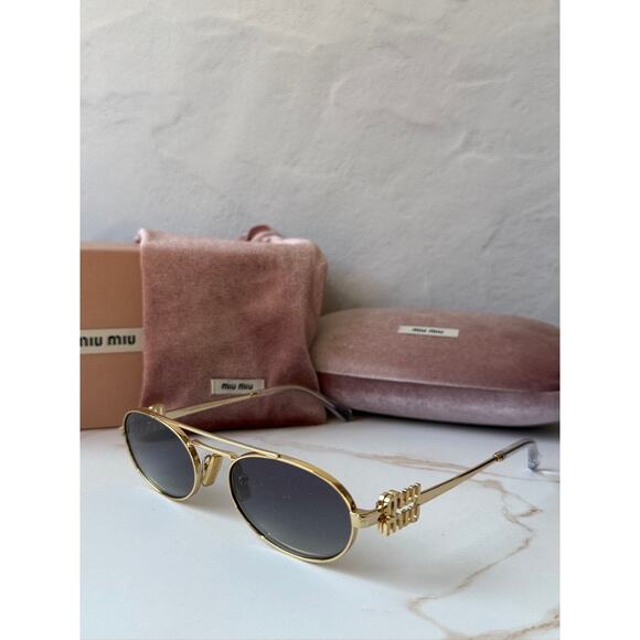 NEW Miu Miu MU54ZS Gold Grey Oval Metal Sunglasses